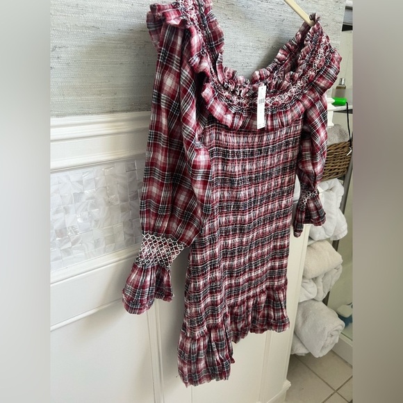 NWT new medium Anthropologie pilcro smocked red plaid mini dress ruffle tartan - Picture 6 of 17